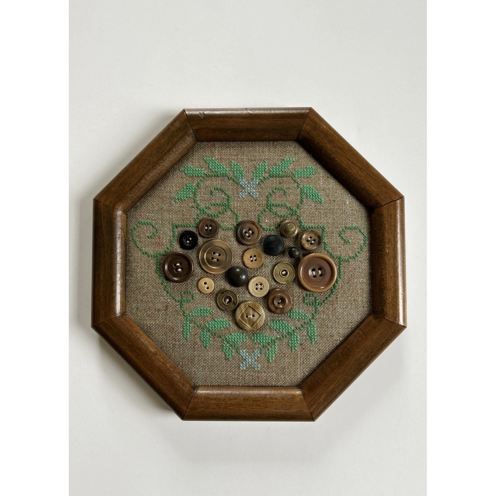 Vintage Cross Stitch Embroidery Octagonal Wood Frame, Flowers, Vines, Buttons